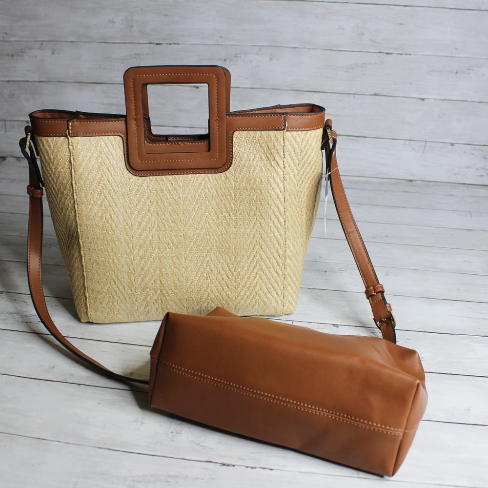 The Limited Women's Straw Satchel Shoulder Makeup Handbag Set Natural